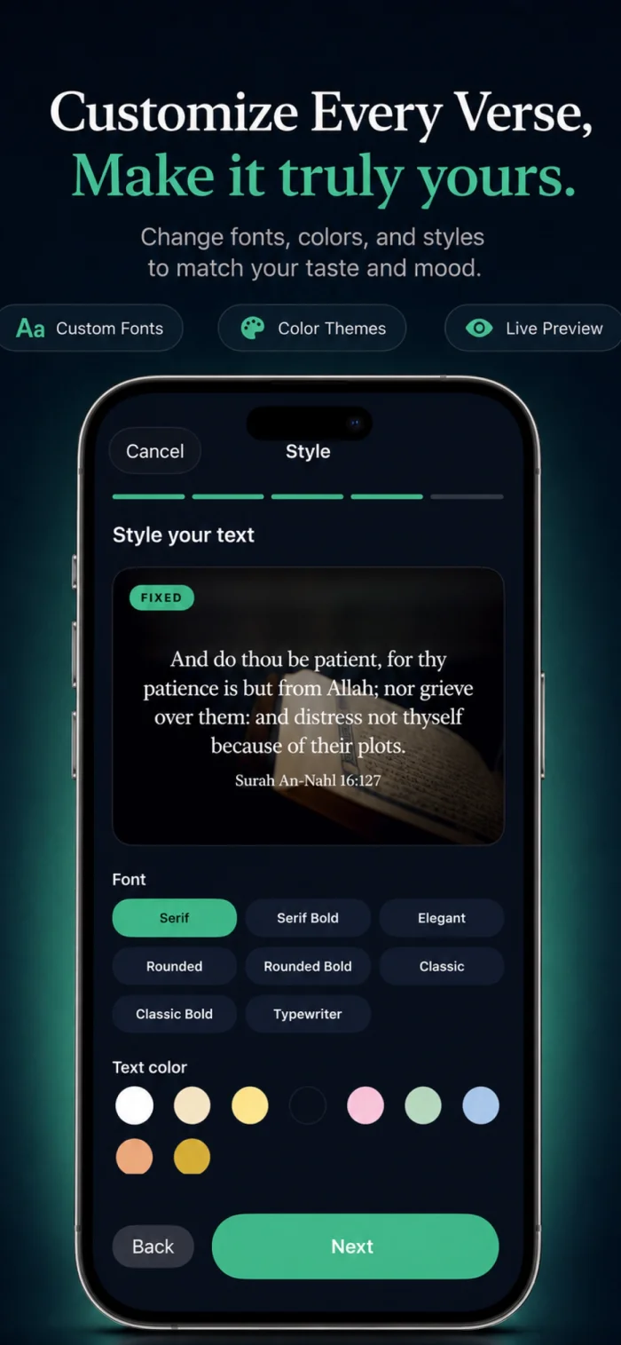 Quran Widget App style customization screen